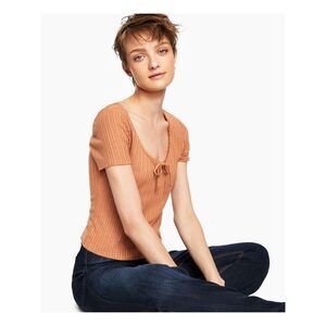 SELF E Womens Beige Textured Tie Neck Short Sleeve Keyhole T-Shirt Juniors S